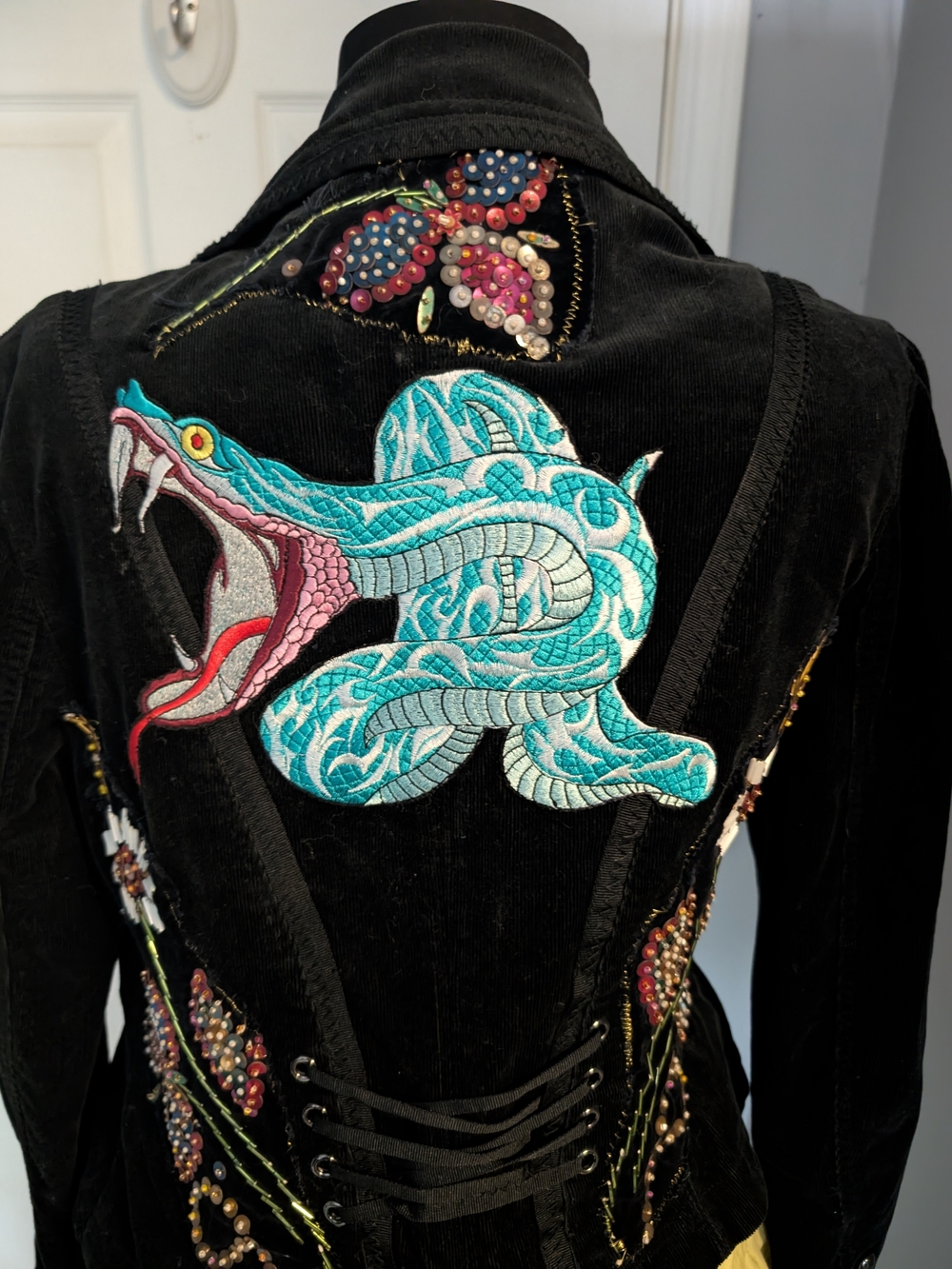 Custom Made Black Velvet Jacket with Turquoise Snake Embroidery